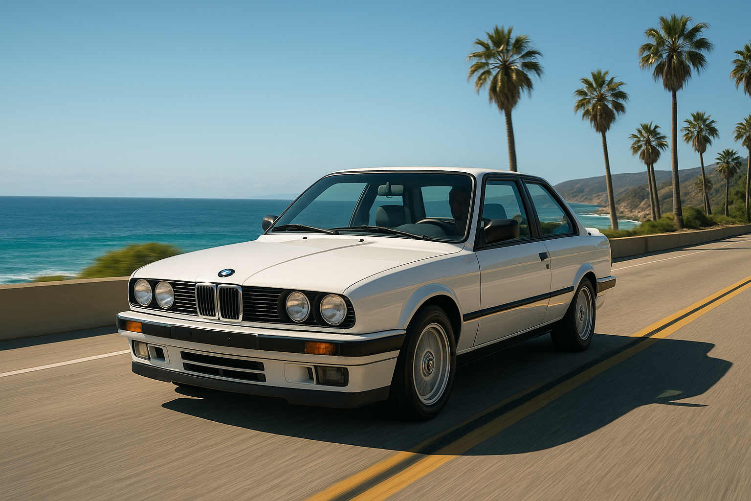 je veut une image d'une bmw E30 blanche qui roule sur la route et on vois derriere la mer (decor californie)