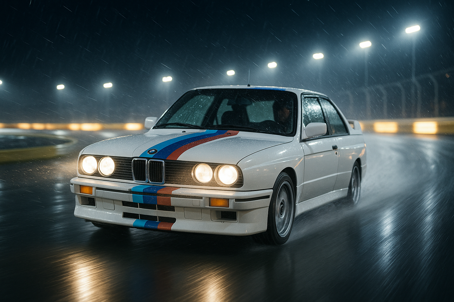 une image d'une bmw E30 blanche avec une bande bleu et rouge sur le capot, avec de la pluie et comme fond tu met un circuit de course pour montrer une sensation de vitesse , l'image doit etre de nuit 